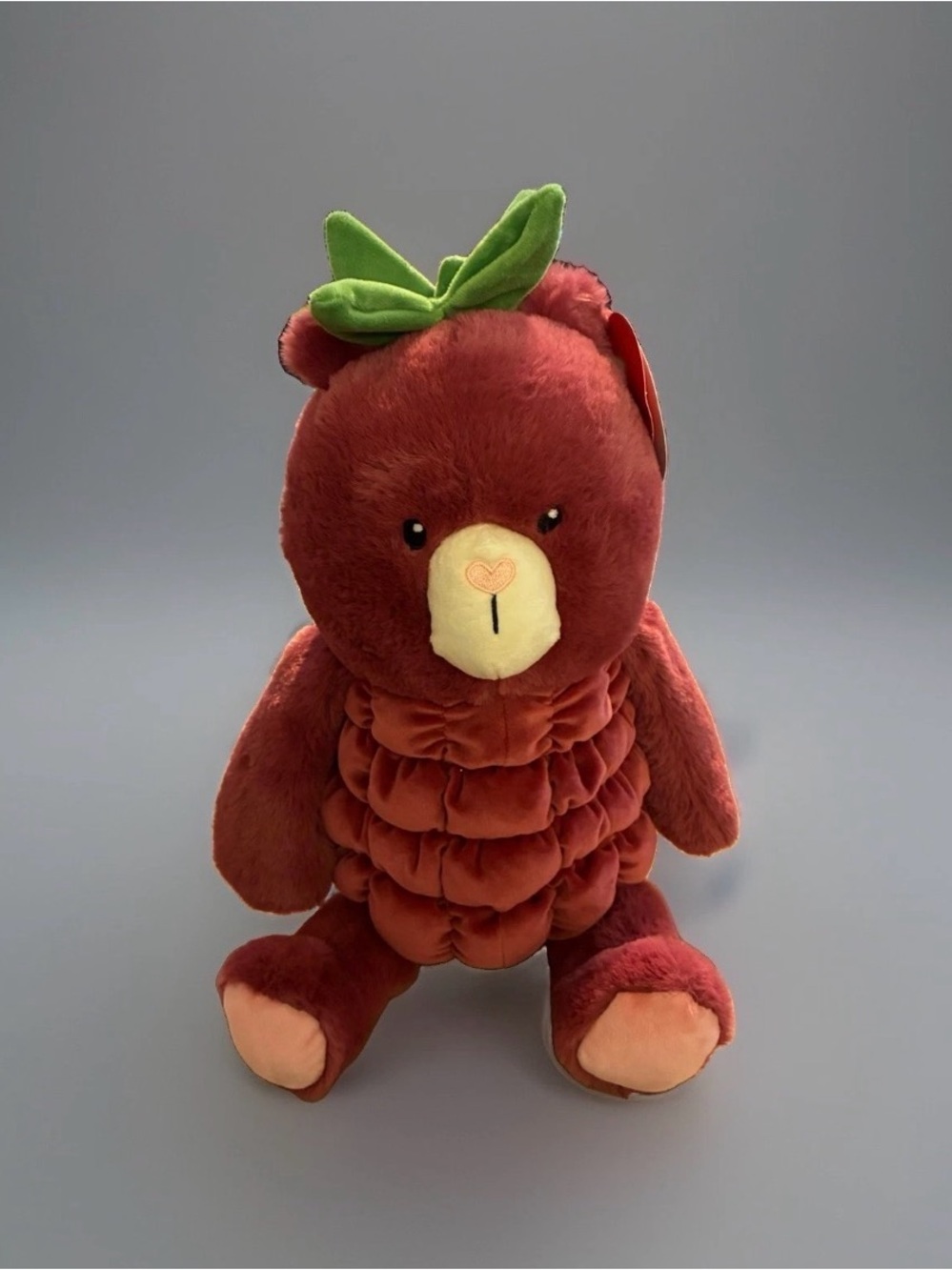 Giggle Space Plush Raspberry Bear Stuffed Animal - Red with Green Leaf 16”